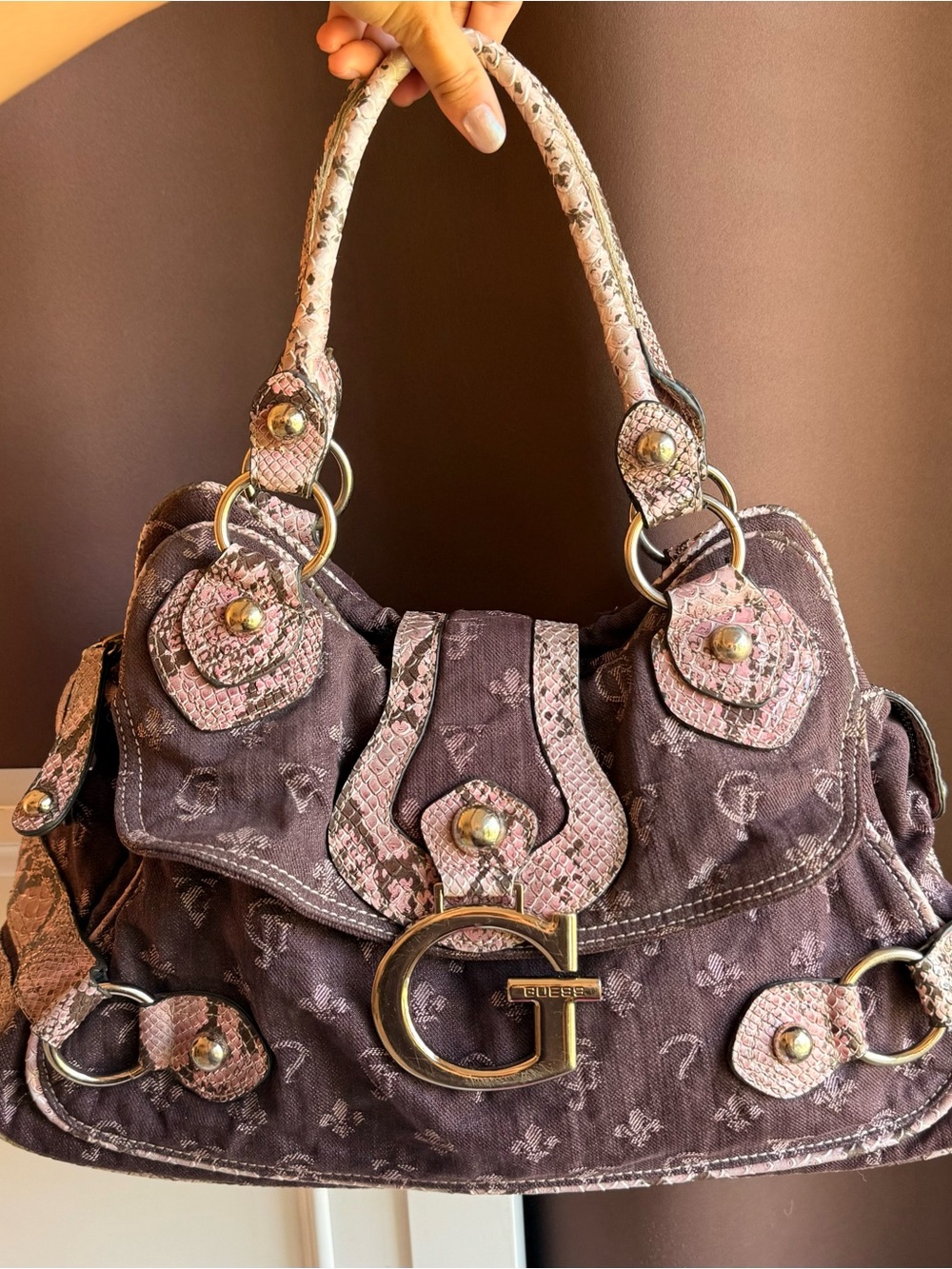 Vintage Guess denim monogram bag with snakeskin detail